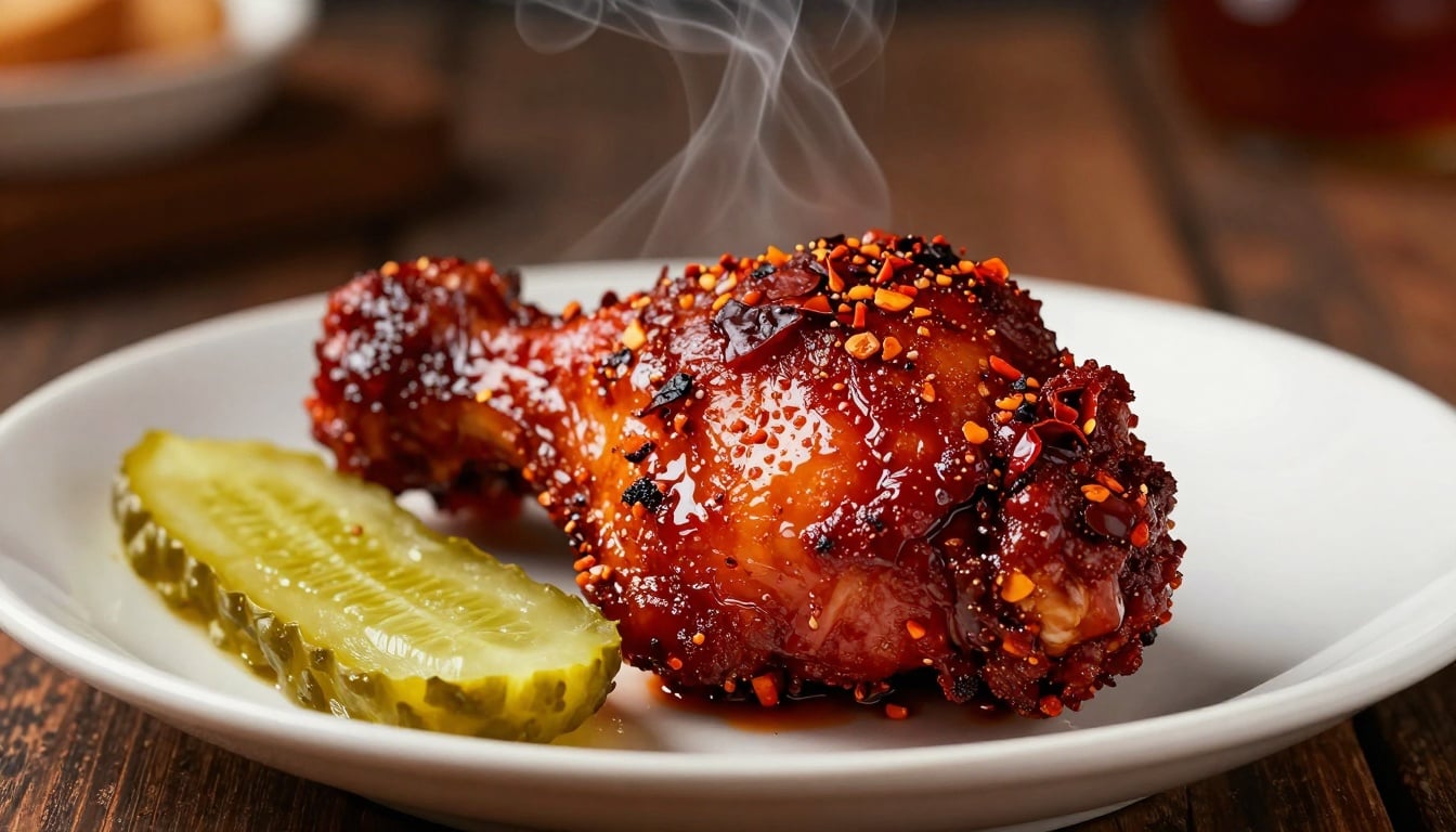 Crispy Nashville Hot Chicken glistening with fiery red spice oil, ready to delight your taste buds