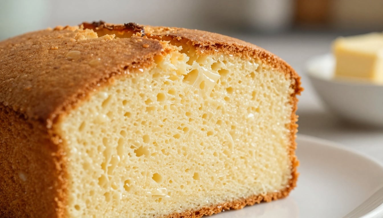 A golden slice of moist buttermilk cake, revealing its soft, tender layers