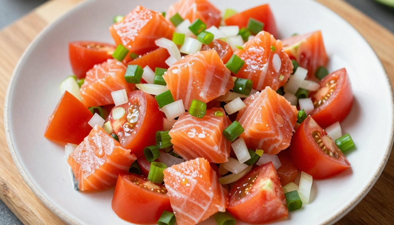 Vibrant bowl of fresh salmon lomi lomi bursting with pink fish, red tomatoes, and green onions—Hawaiian freshness right in your kitchen