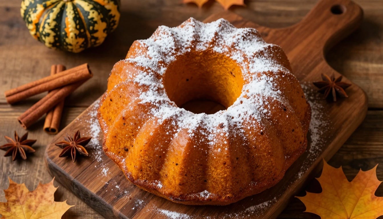 A golden pumpkin bundt cake drizzled with cream cheese glaze, surrounded by fall leaves and spices, ready to slice into autumn bliss.