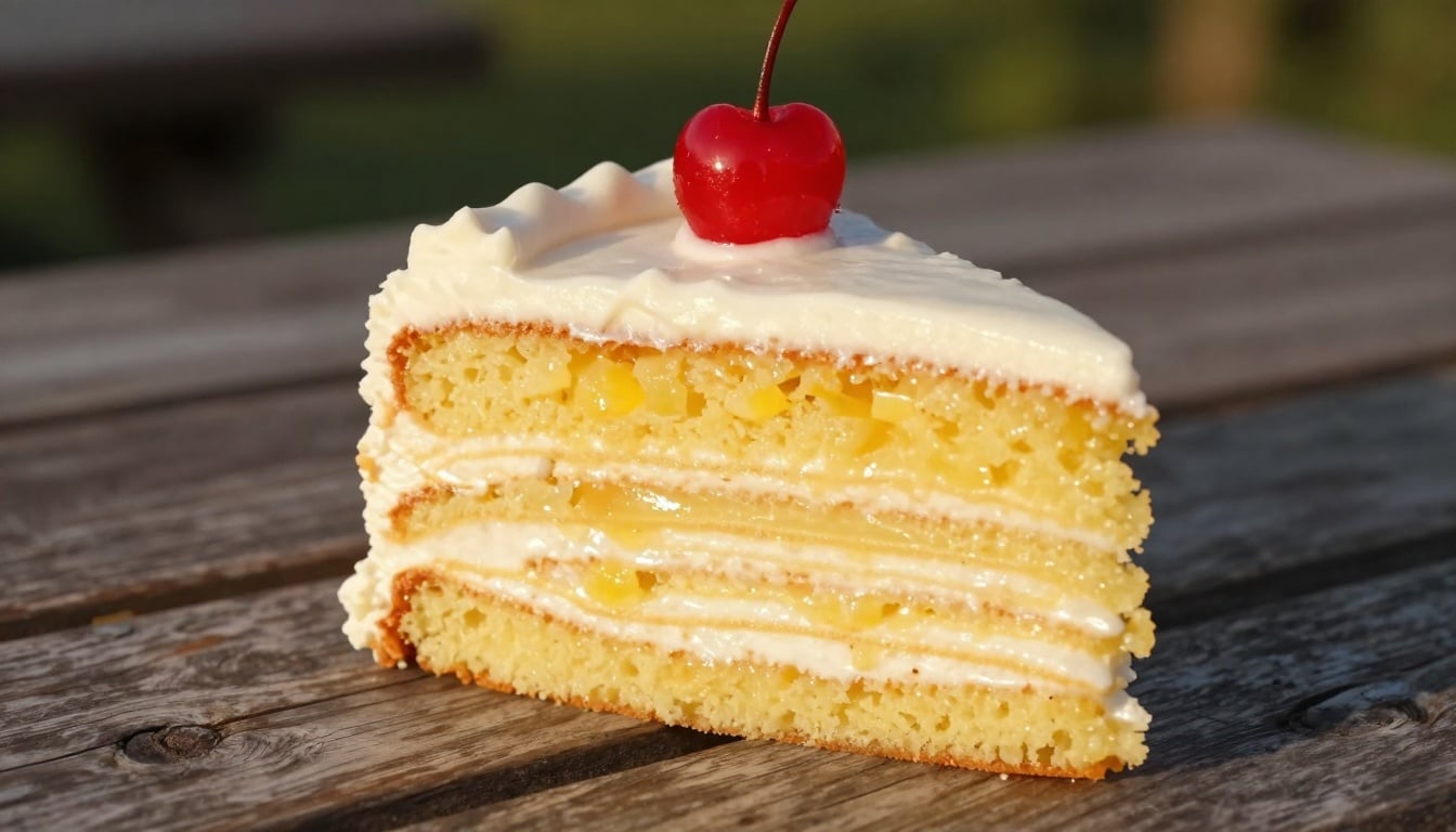 A moist slice of Pig Pickin' Cake topped with toasted coconut and nuts, perfect for your next Southern gathering