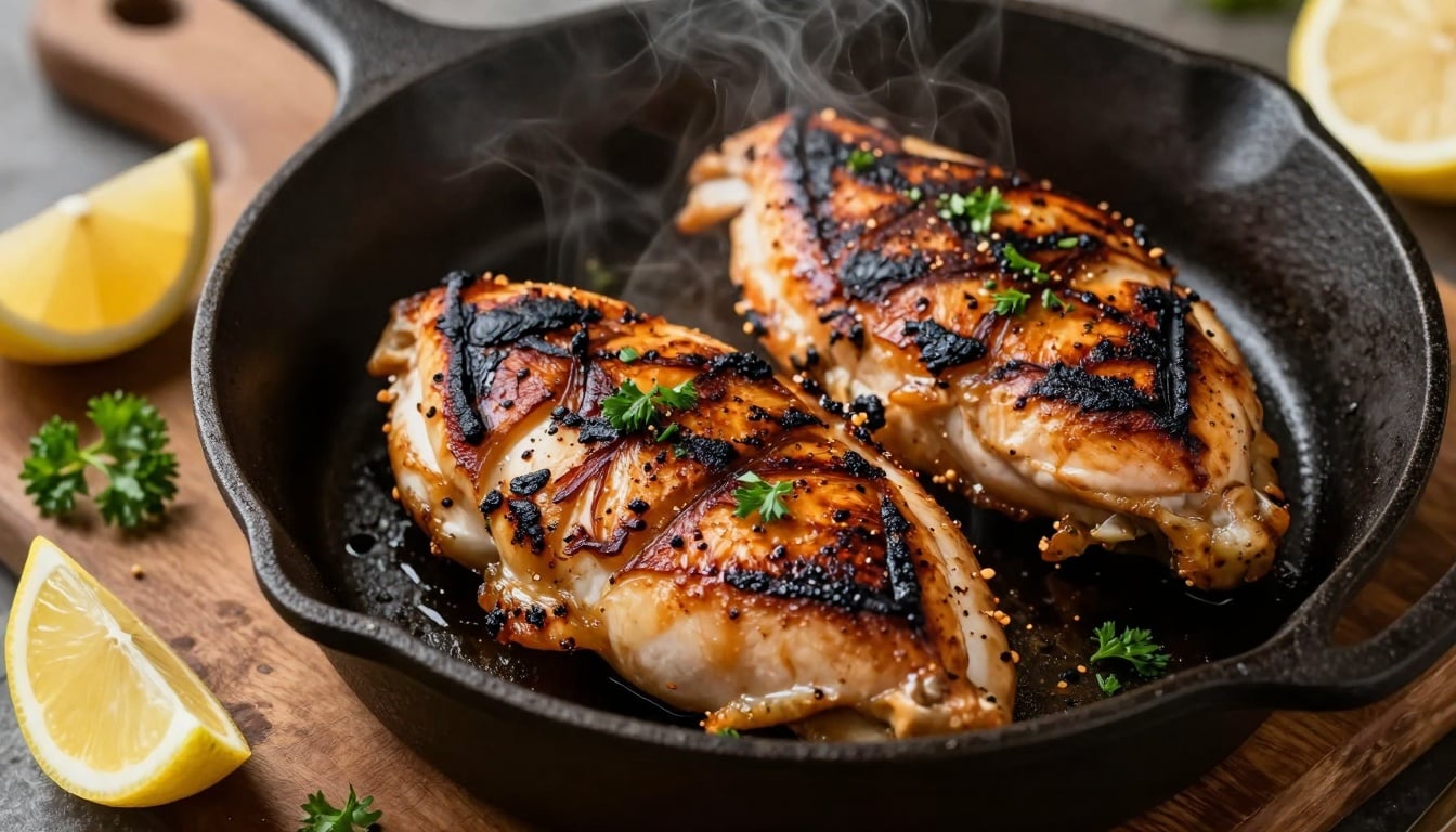 Sizzling Blackened Chicken on a Hot Skillet