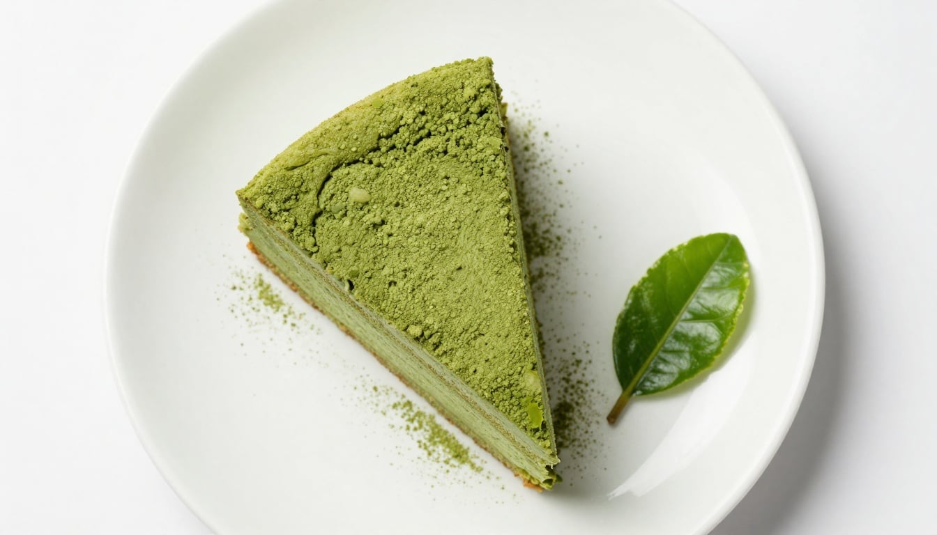 Vibrant slice of homemade matcha cake with creamy frosting and a dusting of green powder