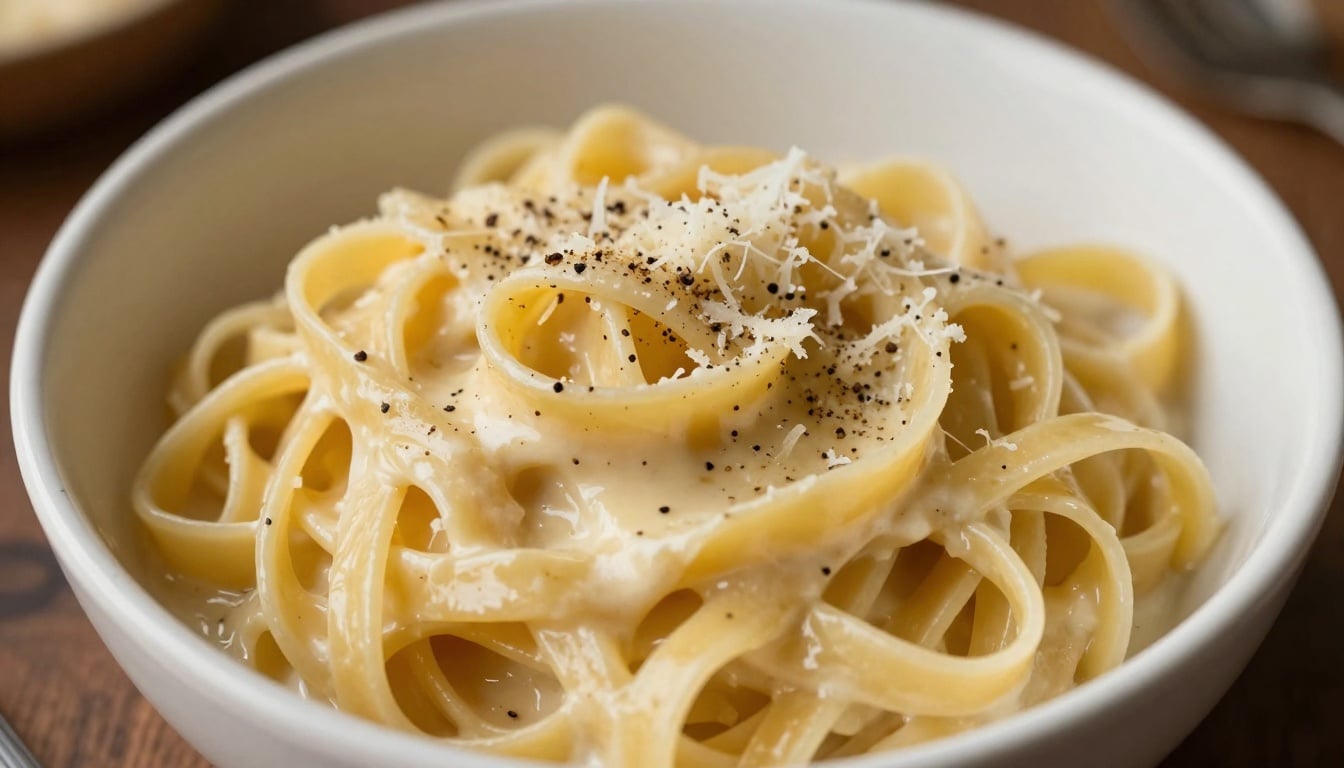 Creamy homemade Alfredo sauce swirling over fettuccine pasta on a cozy dinner plate