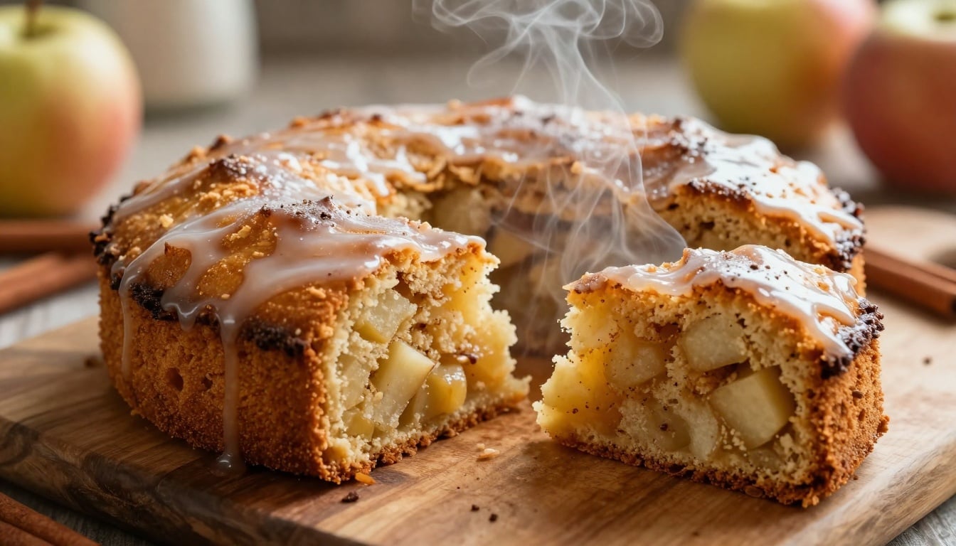 A golden slice of Jewish Apple Cake, brimming with tender apple slices and warm spices