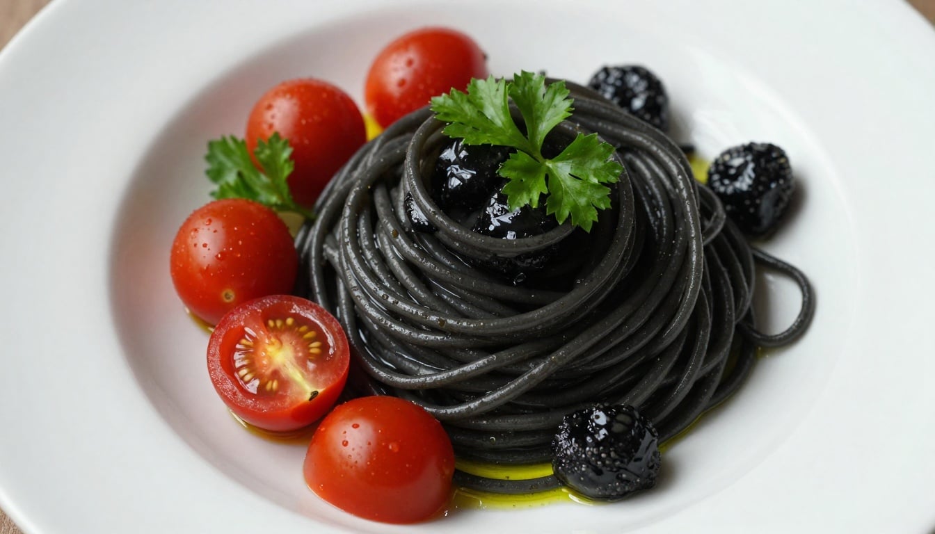 Vibrant plate of homemade squid ink pasta with seafood