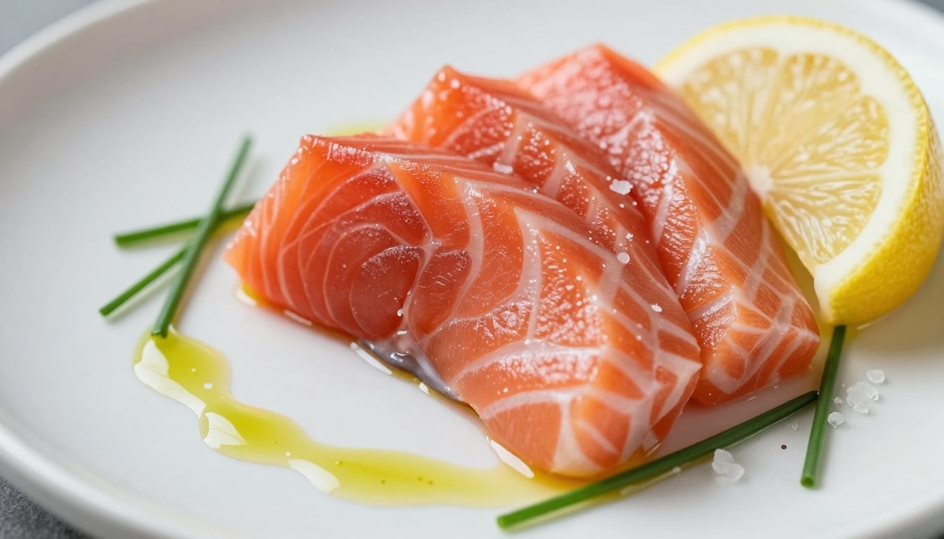 Vibrant slices of fresh salmon crudo drizzled with olive oil and garnished with herbs