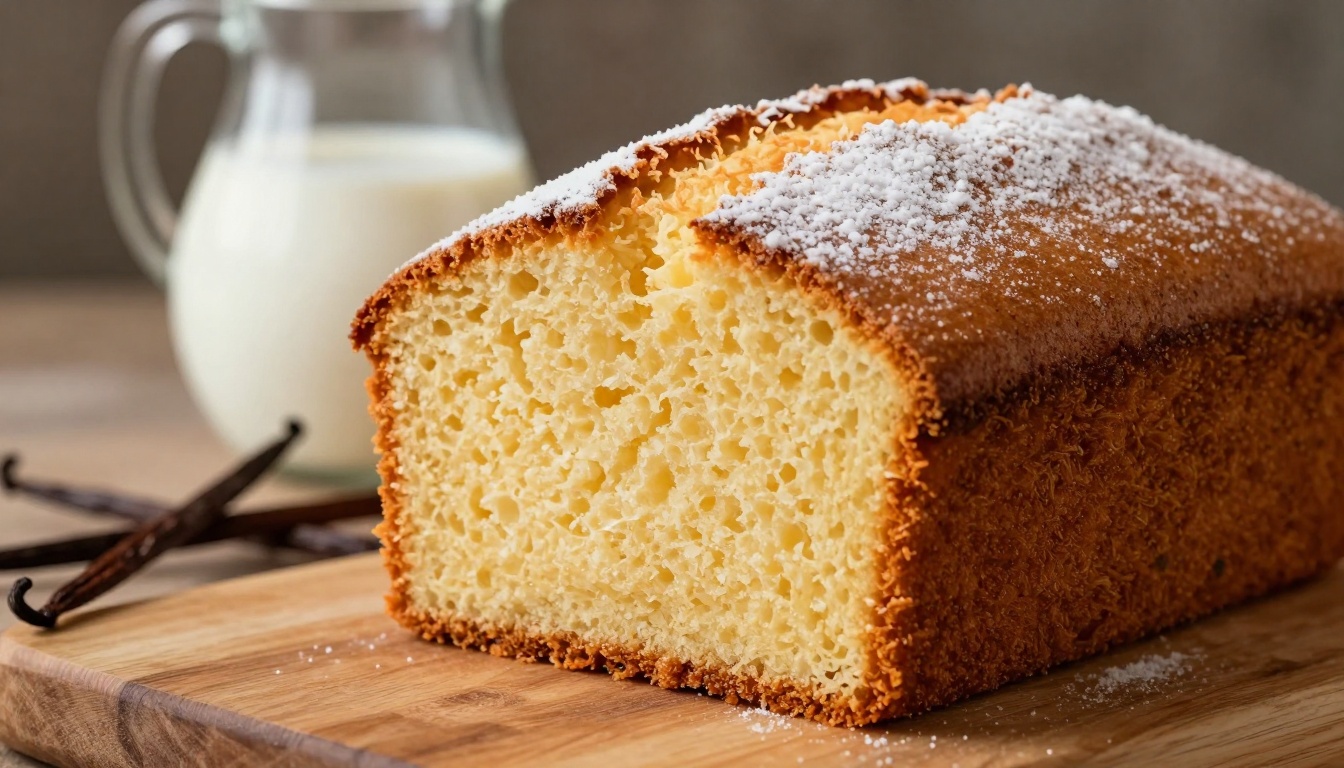 A golden slice of homemade vanilla pound cake, drizzled with glaze, showcasing its moist crumb and classic appeal.