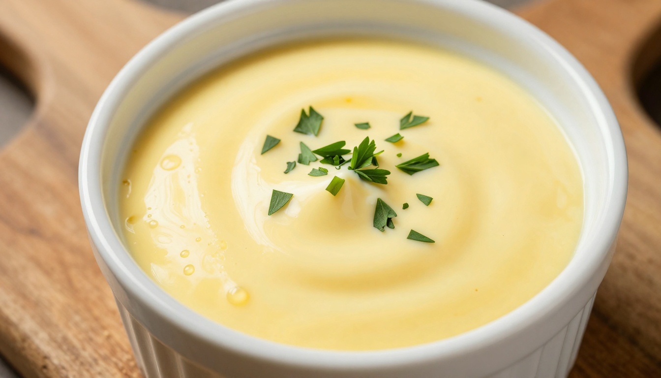 Creamy Béarnaise sauce poured over grilled steak, capturing its glossy finish and fresh herb flecks