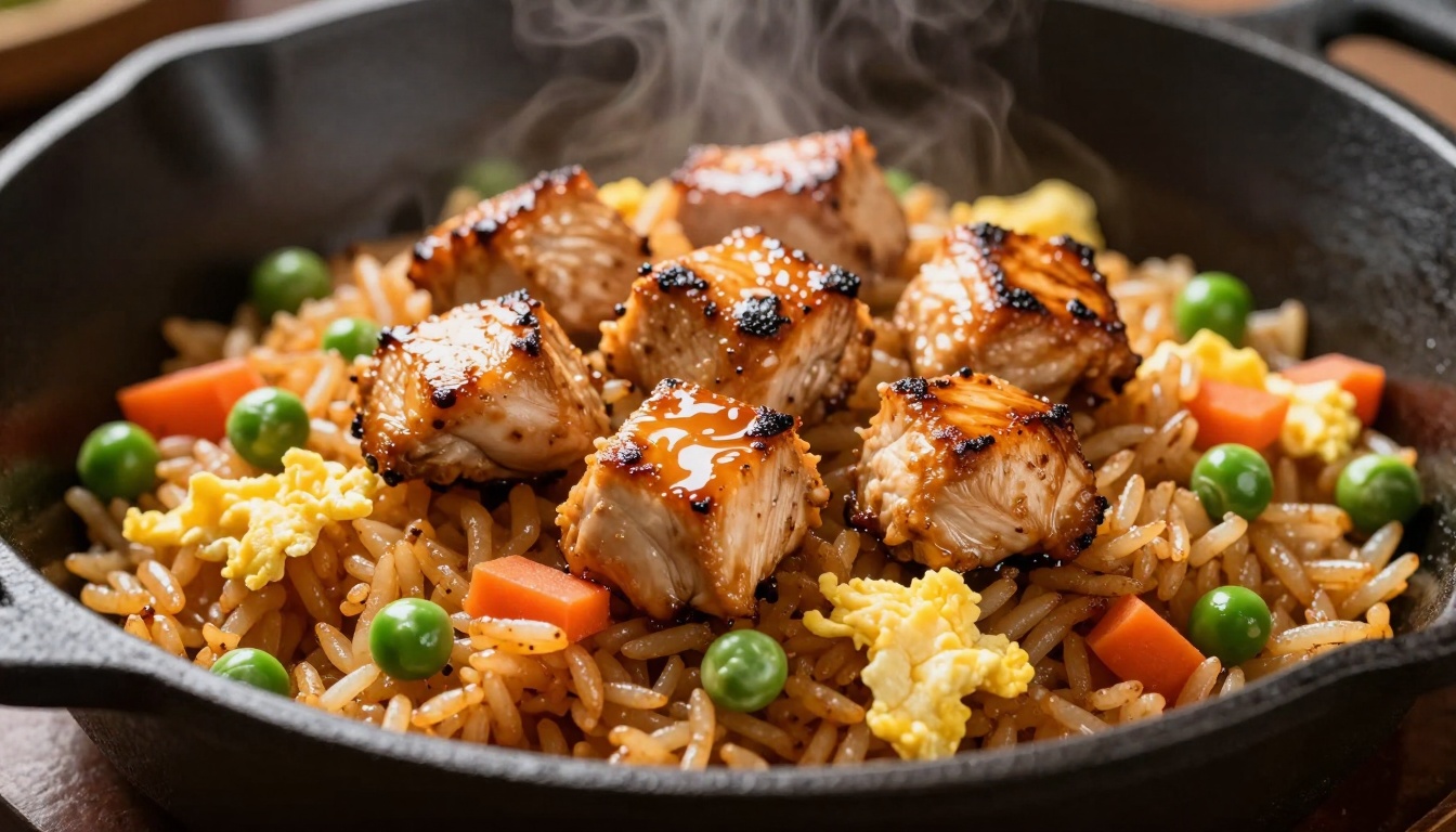 Sizzling homemade Benihana chicken fried rice straight from your kitchen wok