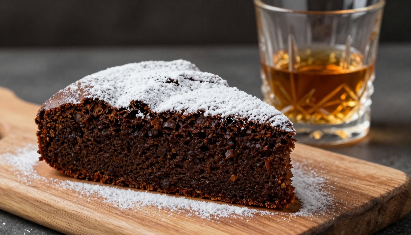 A decadent slice of homemade whiskey cake, topped with shiny bourbon glaze and a sprinkle of nuts, perfect for holiday cheers.
