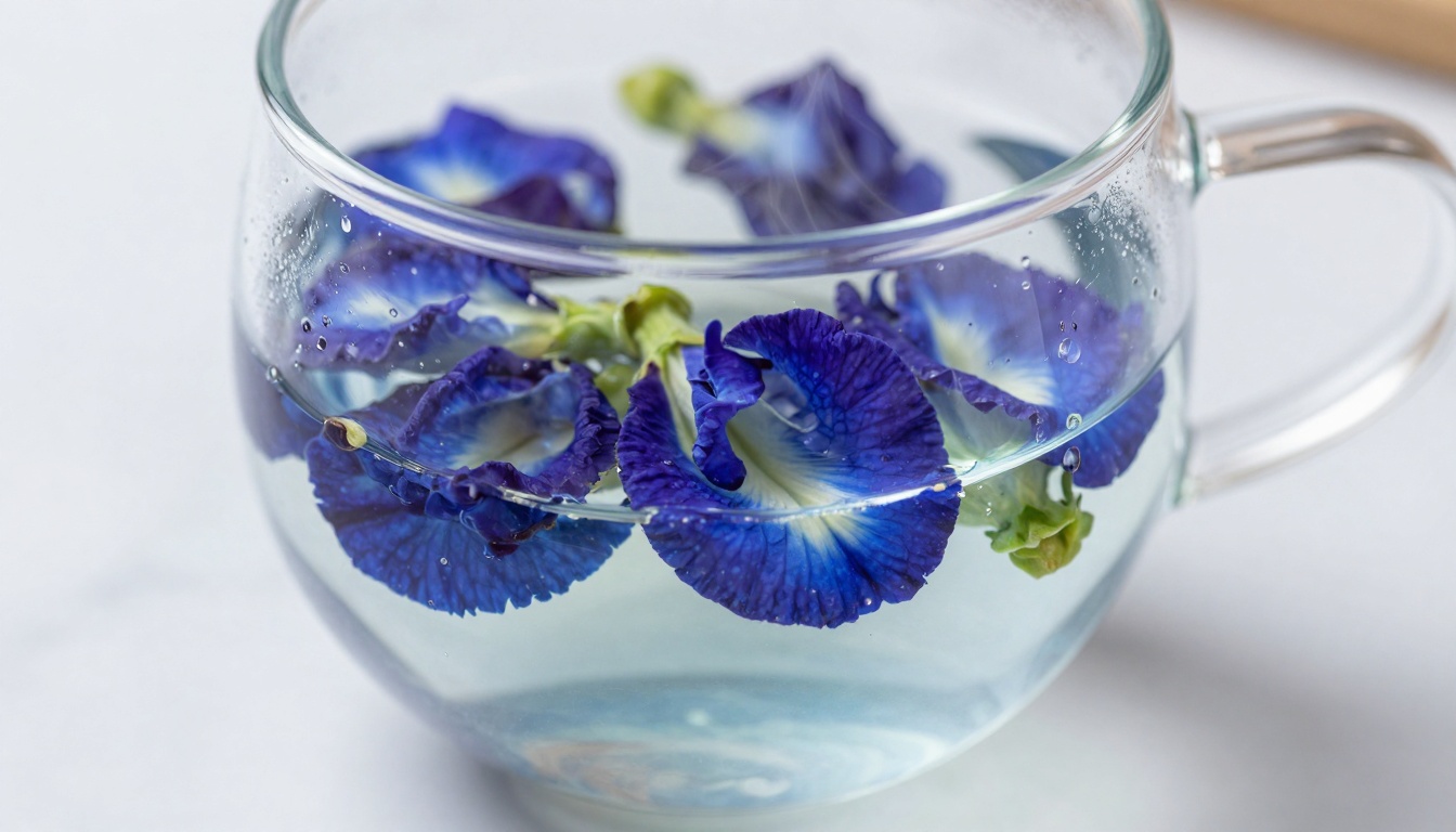 Vibrant blue butterfly pea tea glowing in a clear glass, ready to reveal its health secrets