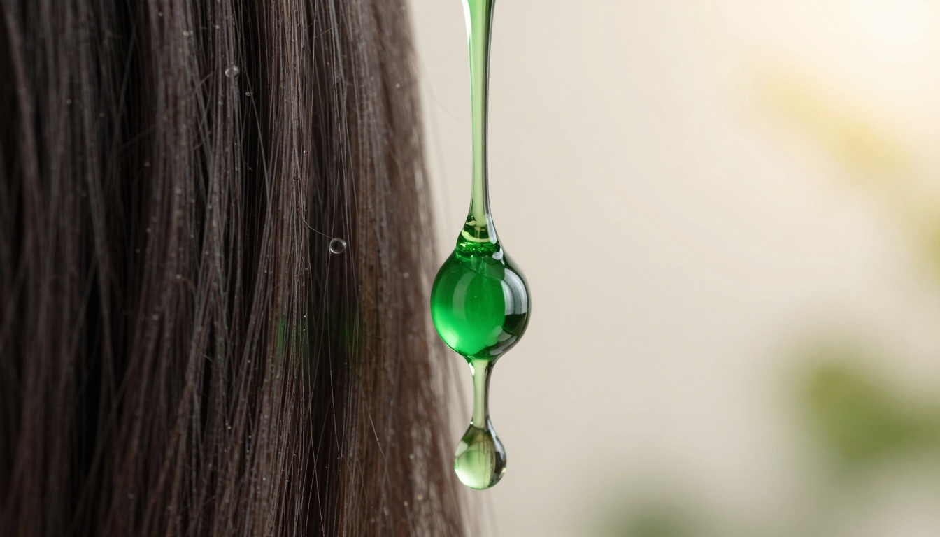 Grapeseed oil droplets on shiny, healthy strands of hair
