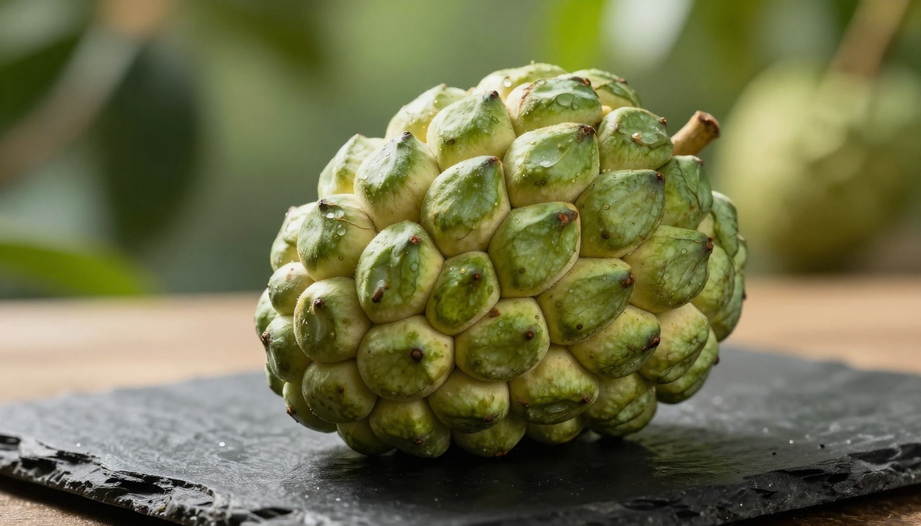 Fresh cherimoya fruit sliced open, showcasing its creamy white flesh and black seeds