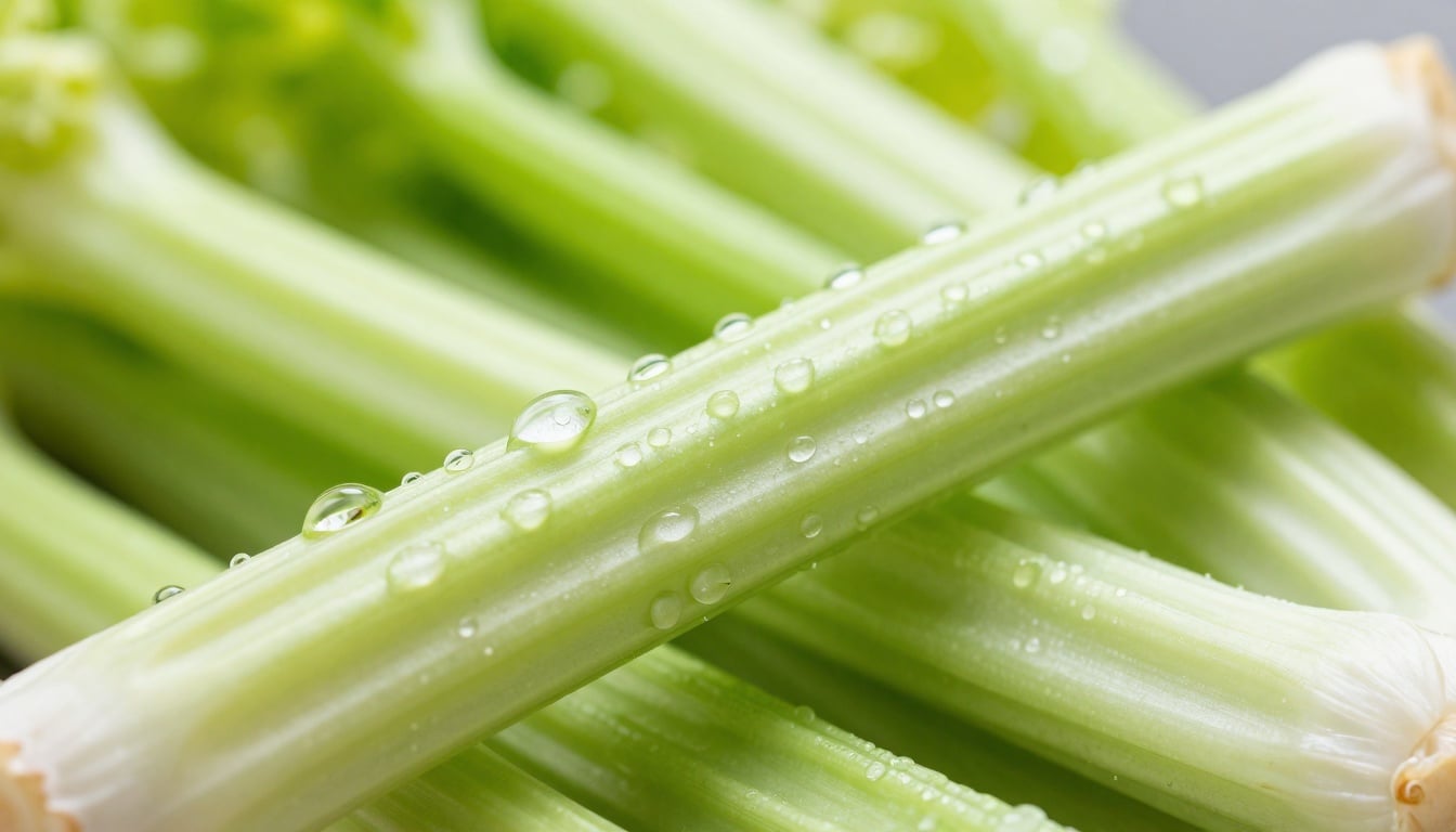 Fresh celery bunches glowing under soft light, symbolizing natural hydration and radiant skin