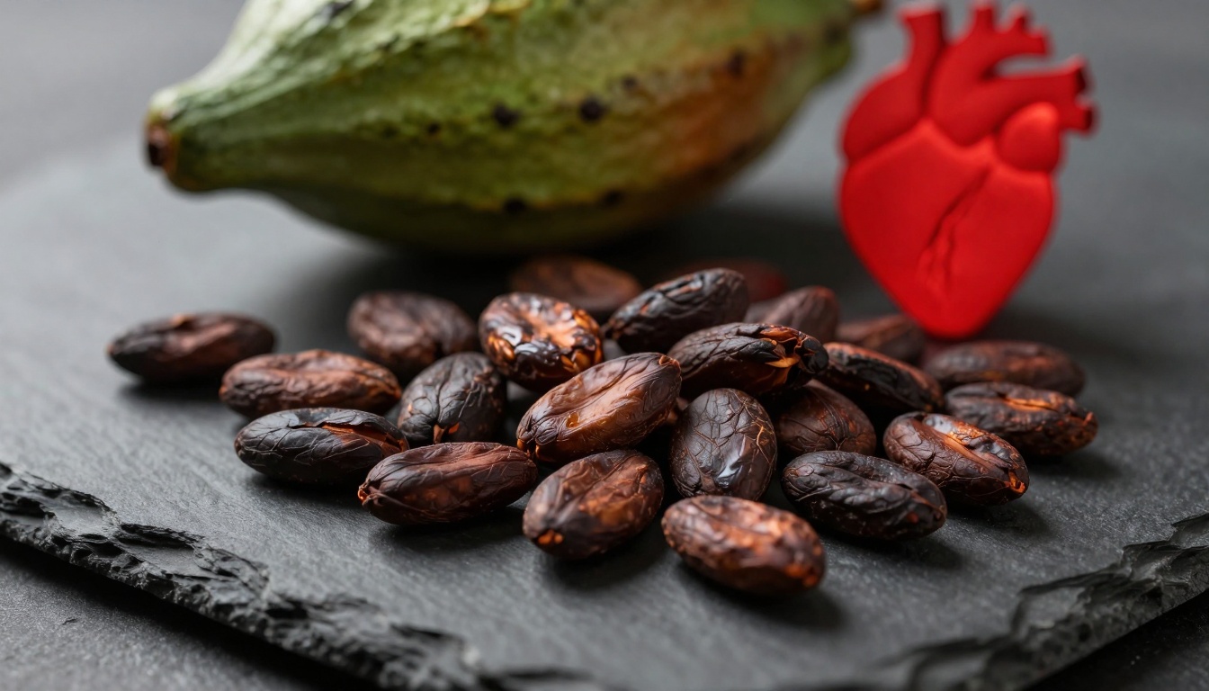 Close-up of crunchy cacao nibs sprinkled on a wooden surface, highlighting their dark, nutrient-packed appeal