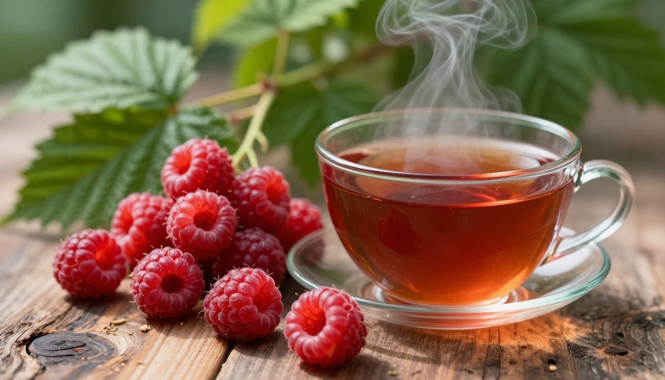 A warm cup of raspberry leaf tea steaming gently amid fresh green leaves