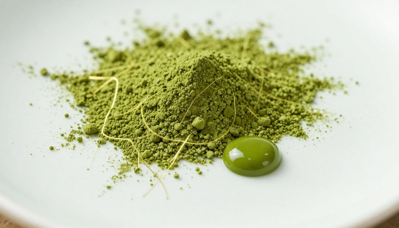 Vibrant matcha powder sprinkled over fresh green leaves, symbolizing natural glow for healthy skin