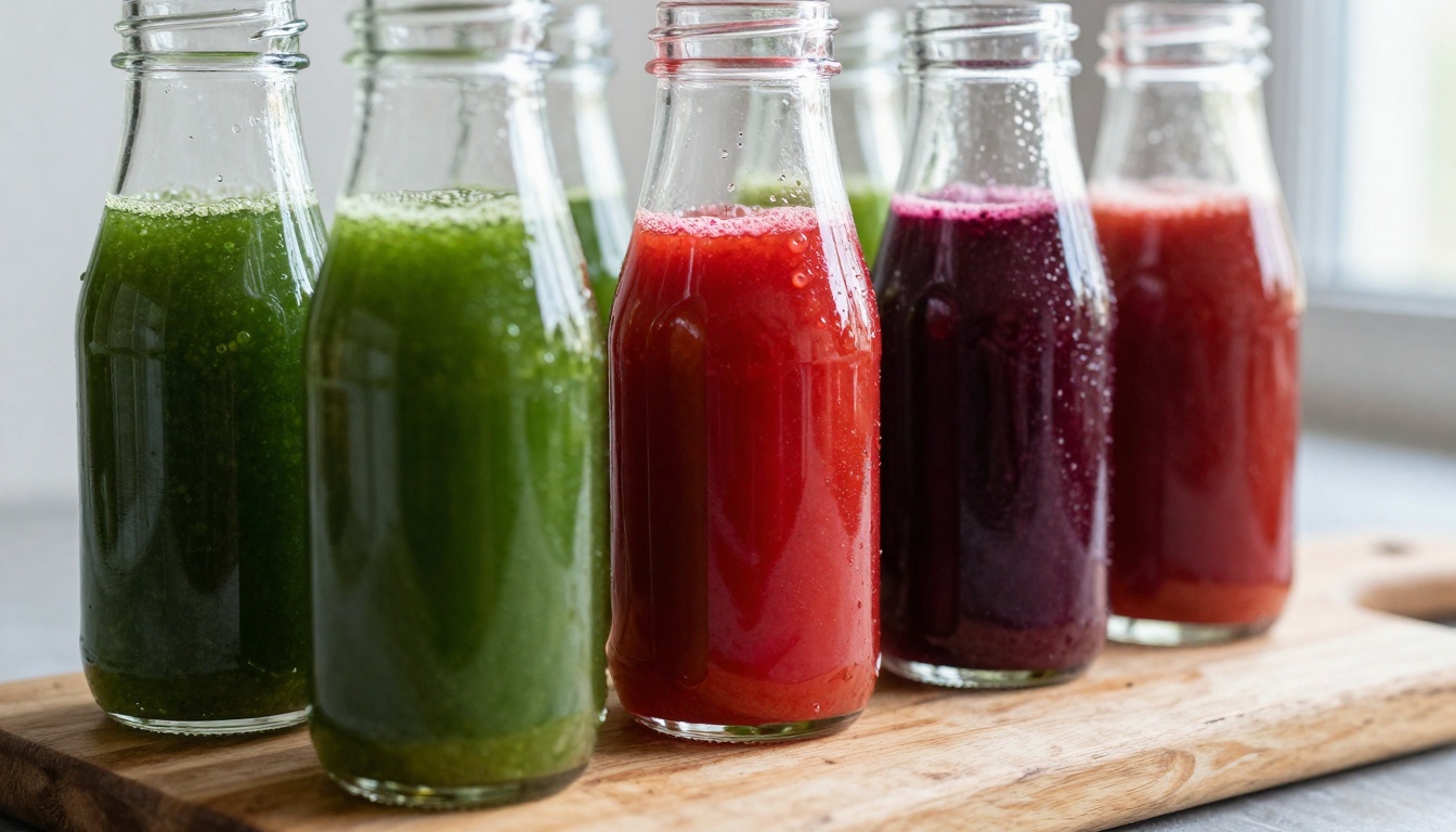 Refreshing green vegetable juice in a glass, surrounded by fresh ingredients like spinach, cucumber, and lemon – a smart choice for steady blood sugar levels.