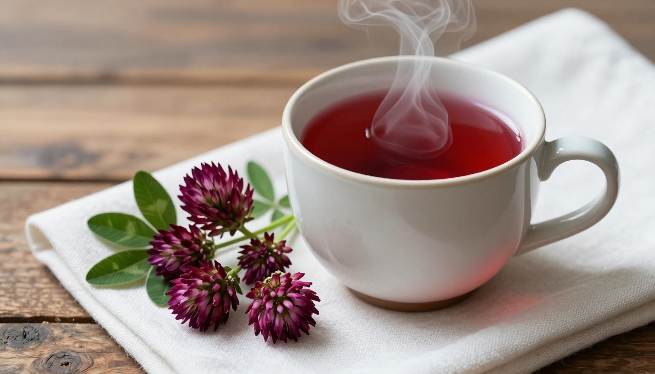 A warm cup of red clover tea surrounded by fresh red clover flowers, inviting you to discover its natural health perks.