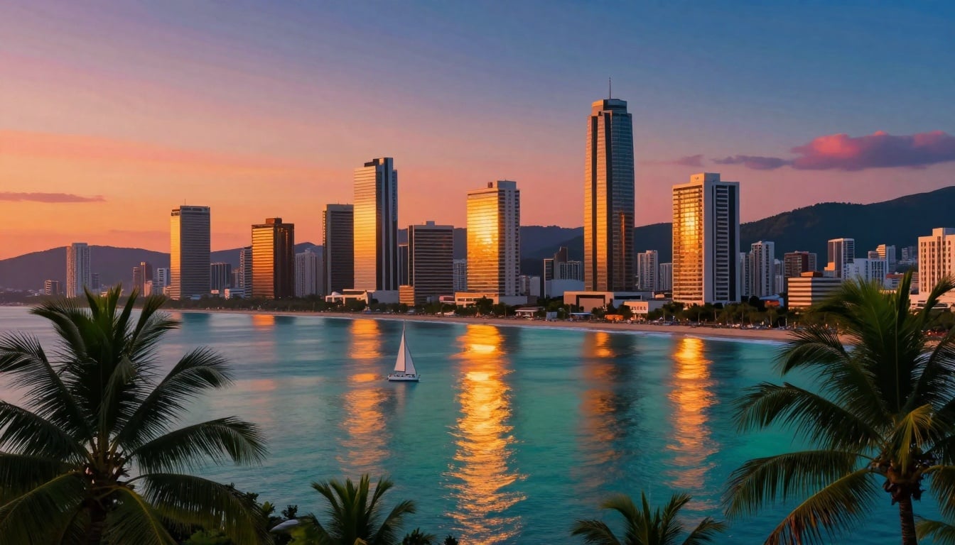Vista deslumbrante da orla de Balneário Camboriú com arranhões ao fundo