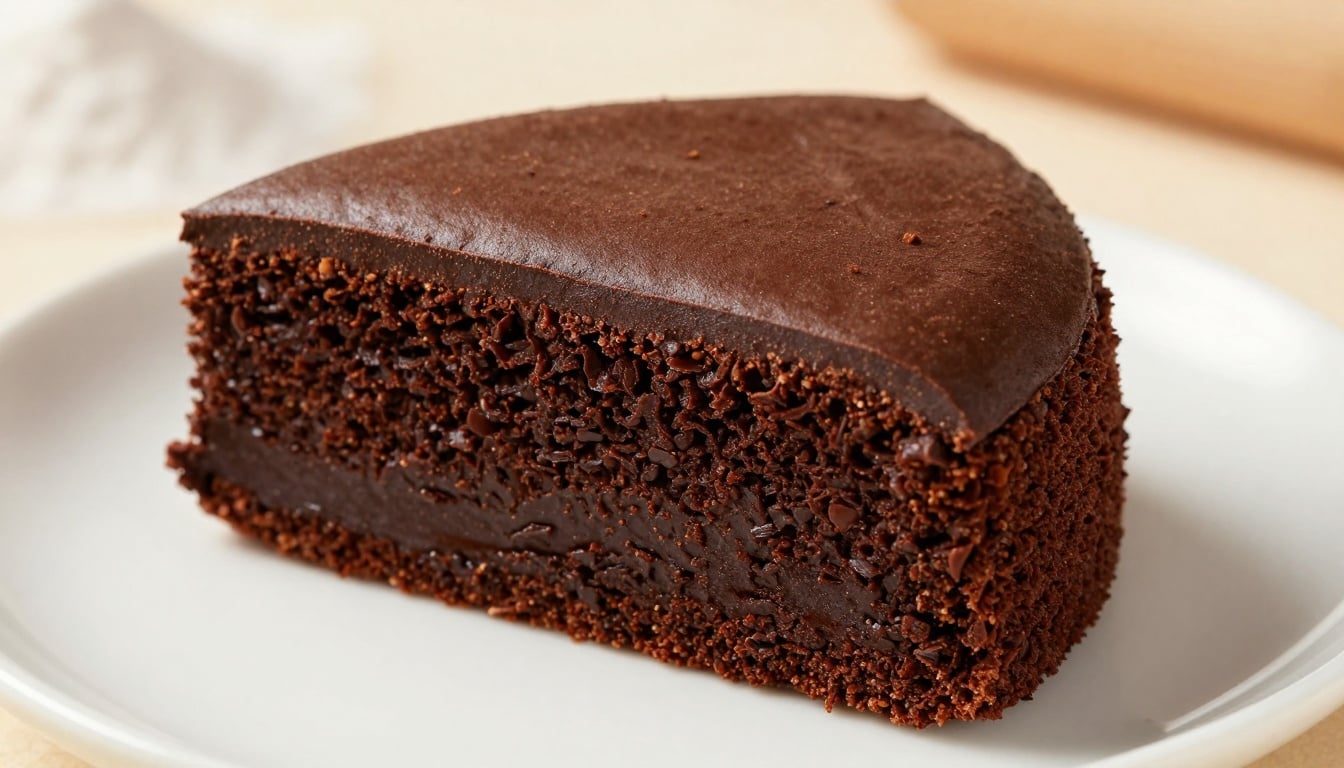 A moist slice of chocolate wacky cake dusted with powdered sugar, showing its soft texture