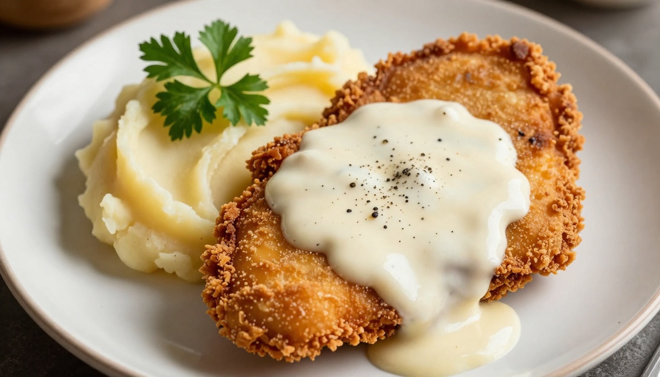 Golden crispy chicken fried steak smothered in creamy gravy, ready for family dinner