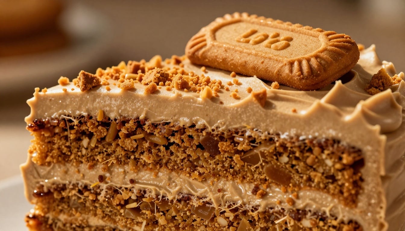 A decadent Biscoff layer cake, dripping with cookie butter and topped with whole Lotus cookies