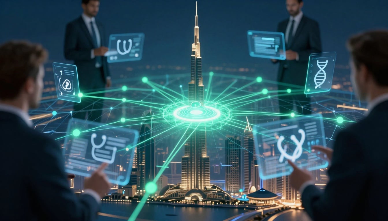 A vibrant cityscape of Dubai at sunset, symbolizing the bright future for health insurance careers in the Gulf