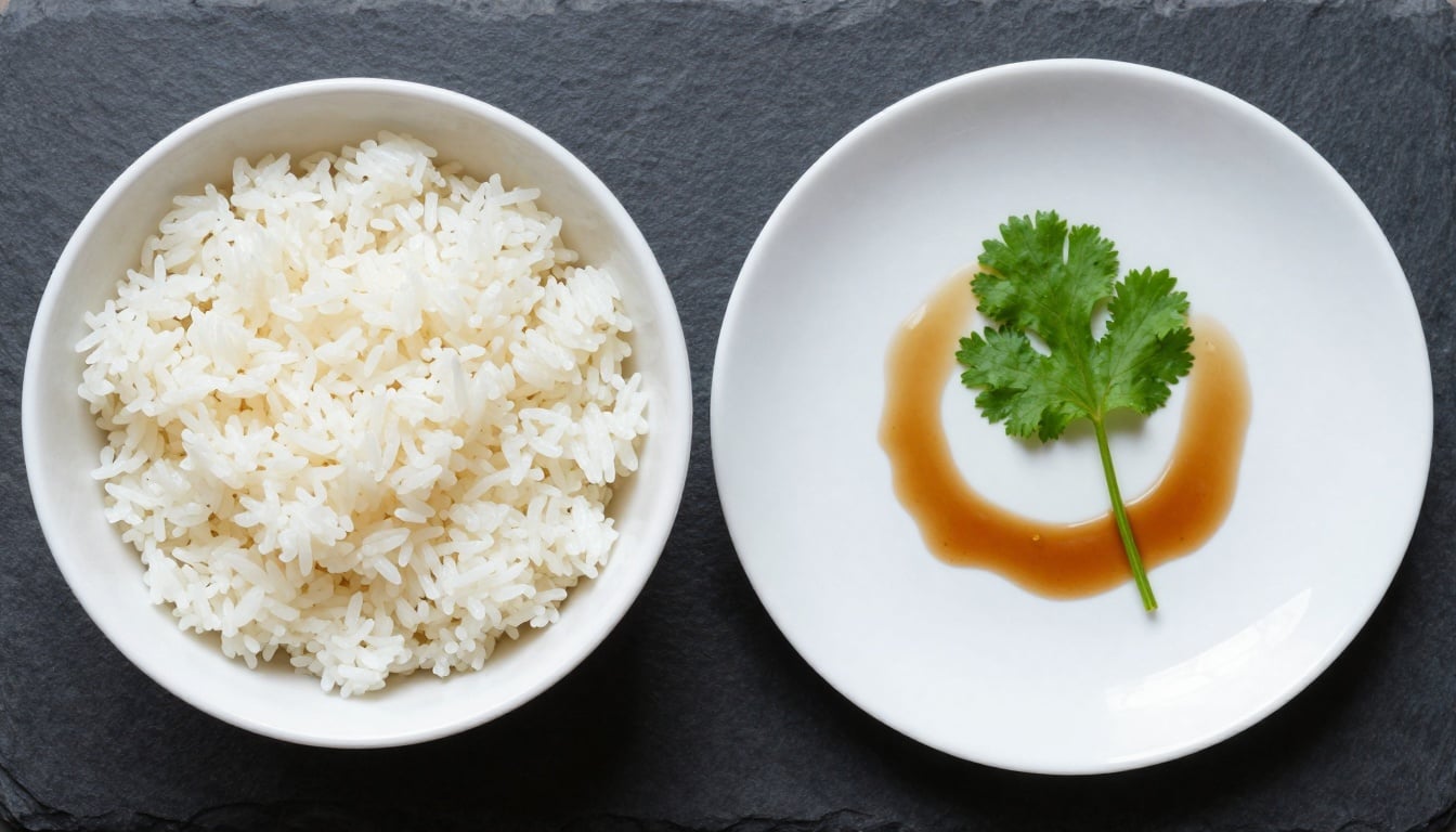 Steaming bowl of fluffy jasmine rice with colorful toppings