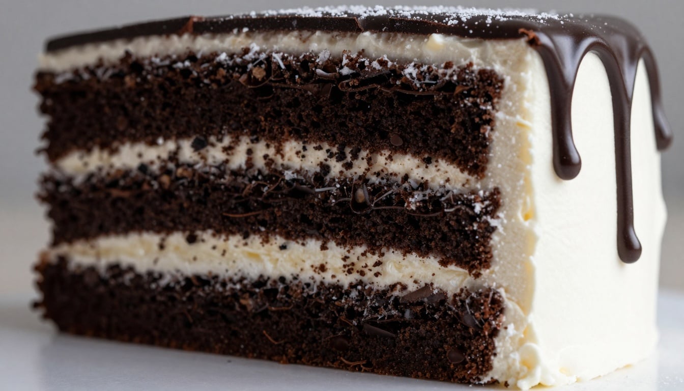 Decadent tuxedo cake with glossy ganache and layered chocolate perfection