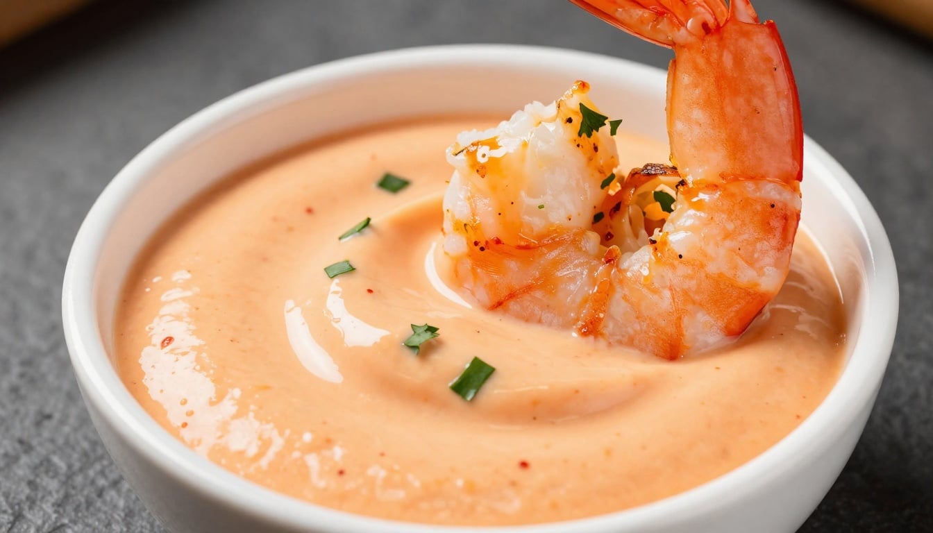 Creamy shrimp sauce ready to dip fresh, pink shrimp for the ultimate seafood treat