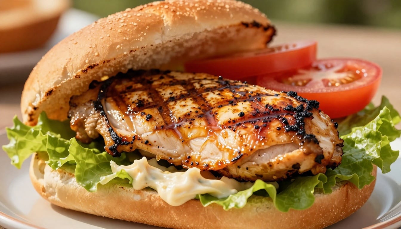 A juicy classic grilled chicken sandwich stacked high with fresh toppings