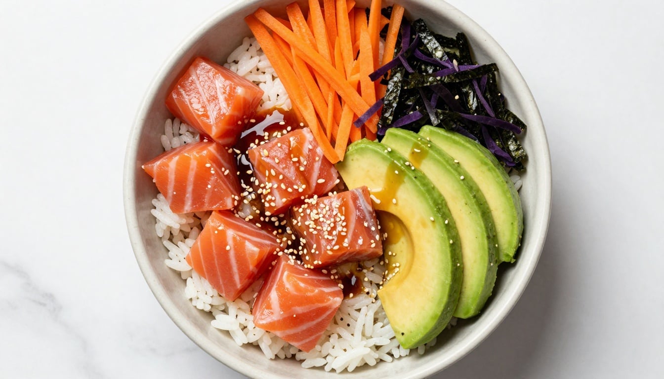 A colorful salmon poke bowl with fresh diced salmon, crisp veggies, and sesame seeds on a bed of sticky rice