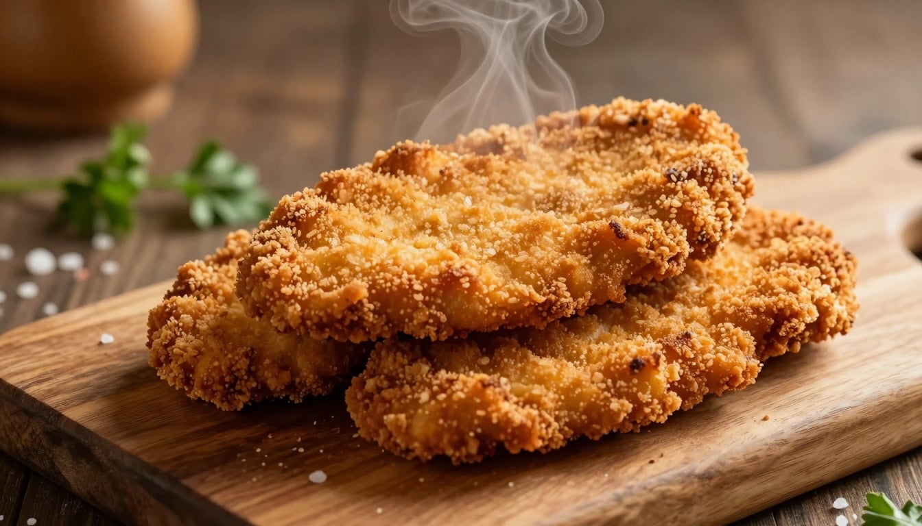 Golden breaded chicken cutlets fresh from the oven, paired with fresh herbs and lemon wedges for a simple home-cooked meal