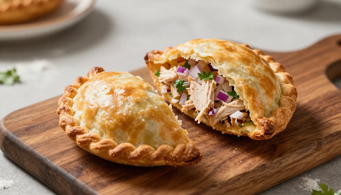 Freshly baked homemade chicken empanadas, golden and flaky, ready to enjoy