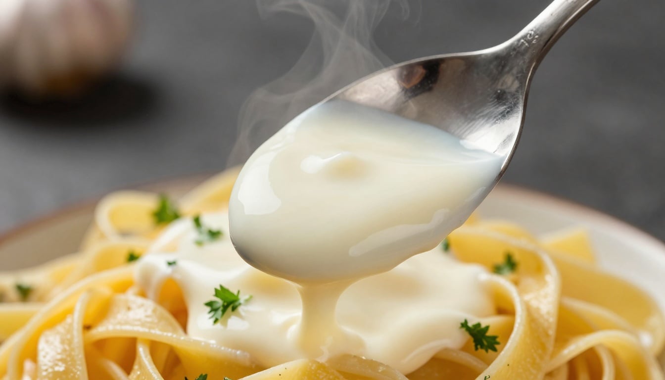 Creamy garlic sauce glistening over fresh pasta, ready for a quick dinner