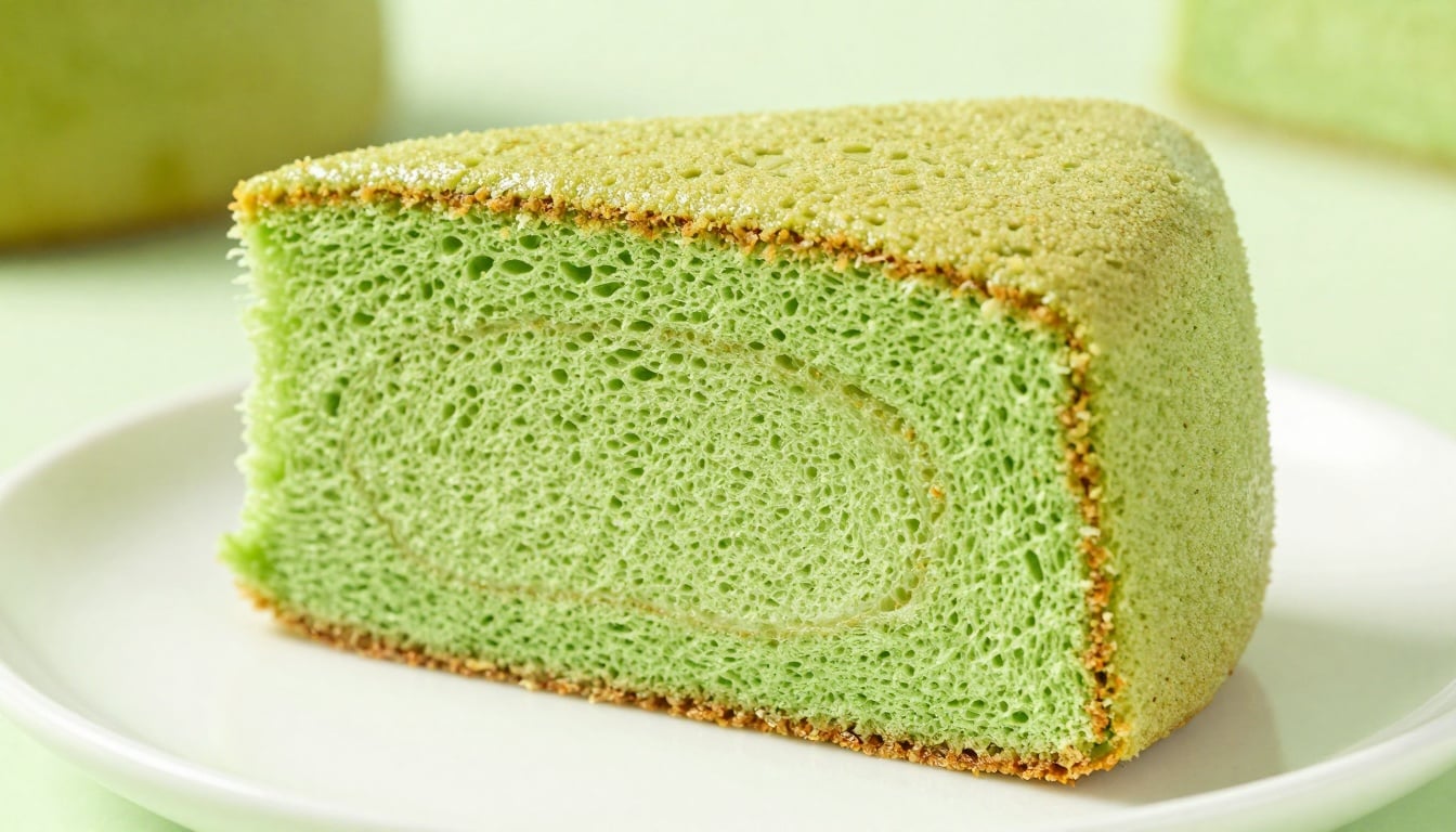 A vibrant slice of soft, fluffy pandan cake on a plate, revealing its green hue and moist crumb.