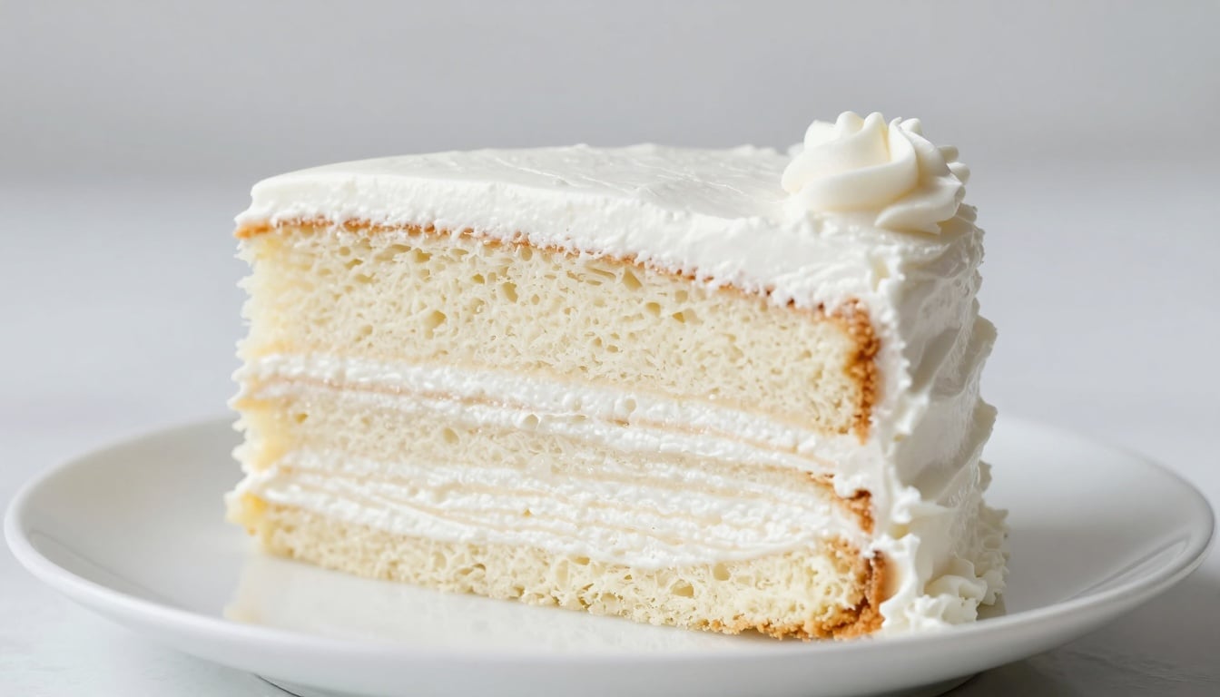 A fluffy slice of classic moist white cake topped with smooth buttercream, showing its tender crumb and inviting texture.