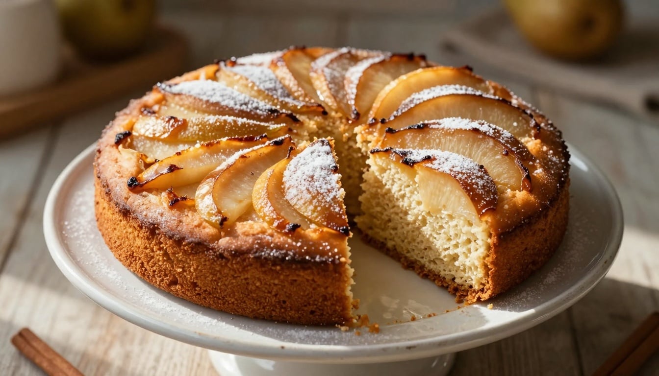 A warm slice of homemade classic pear cake, bursting with fresh fruit and a hint of spice