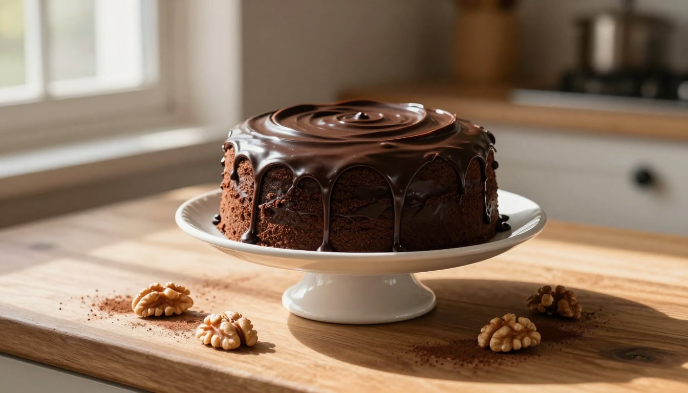 A slice of moist wacky cake topped with rich fudge frosting, ready to enjoy