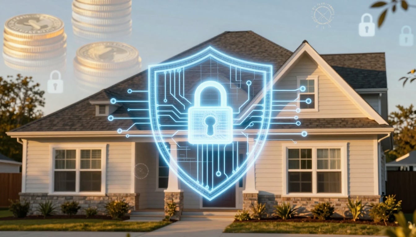 A modern family home protected by an umbrella against a stormy sky, symbolizing reliable home insurance coverage