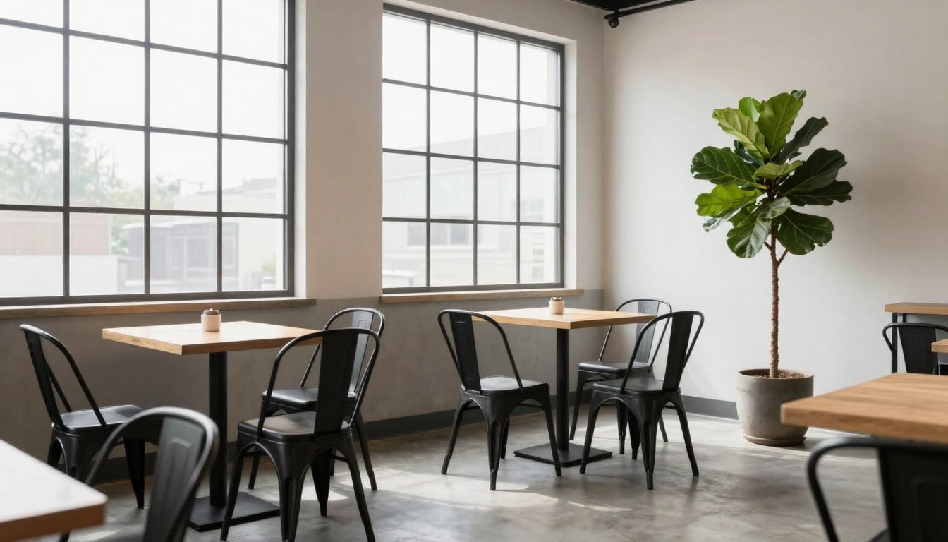 Cozy coffee shop with warm lights and inviting seats