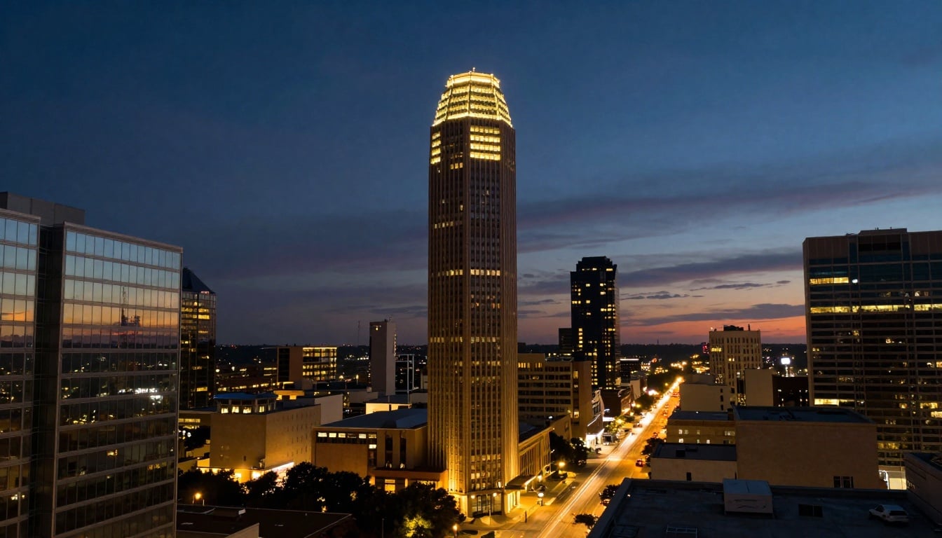 Vibrant Dallas skyline at night, capturing the buzz of local news and city energy
