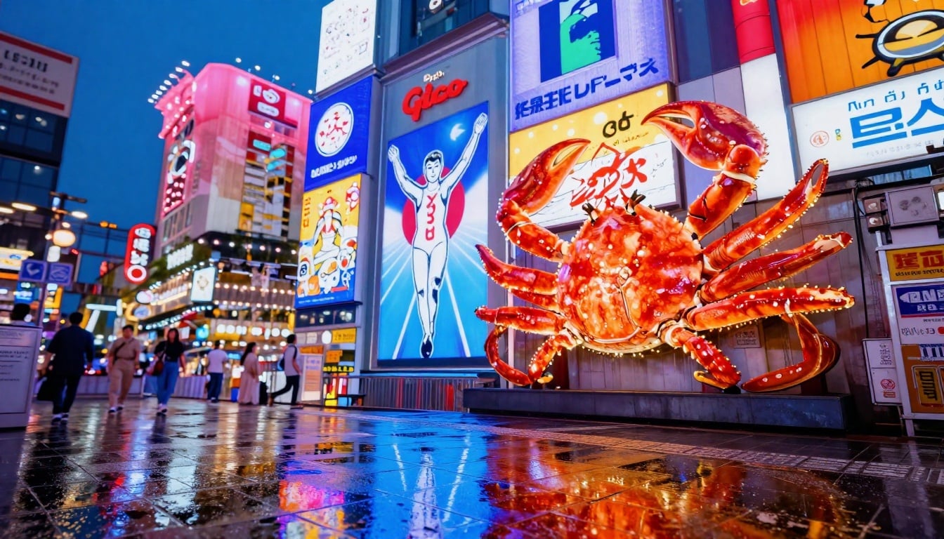 Vibrant night view of Dotonbori canal in Osaka, with glowing neon signs and bustling crowds