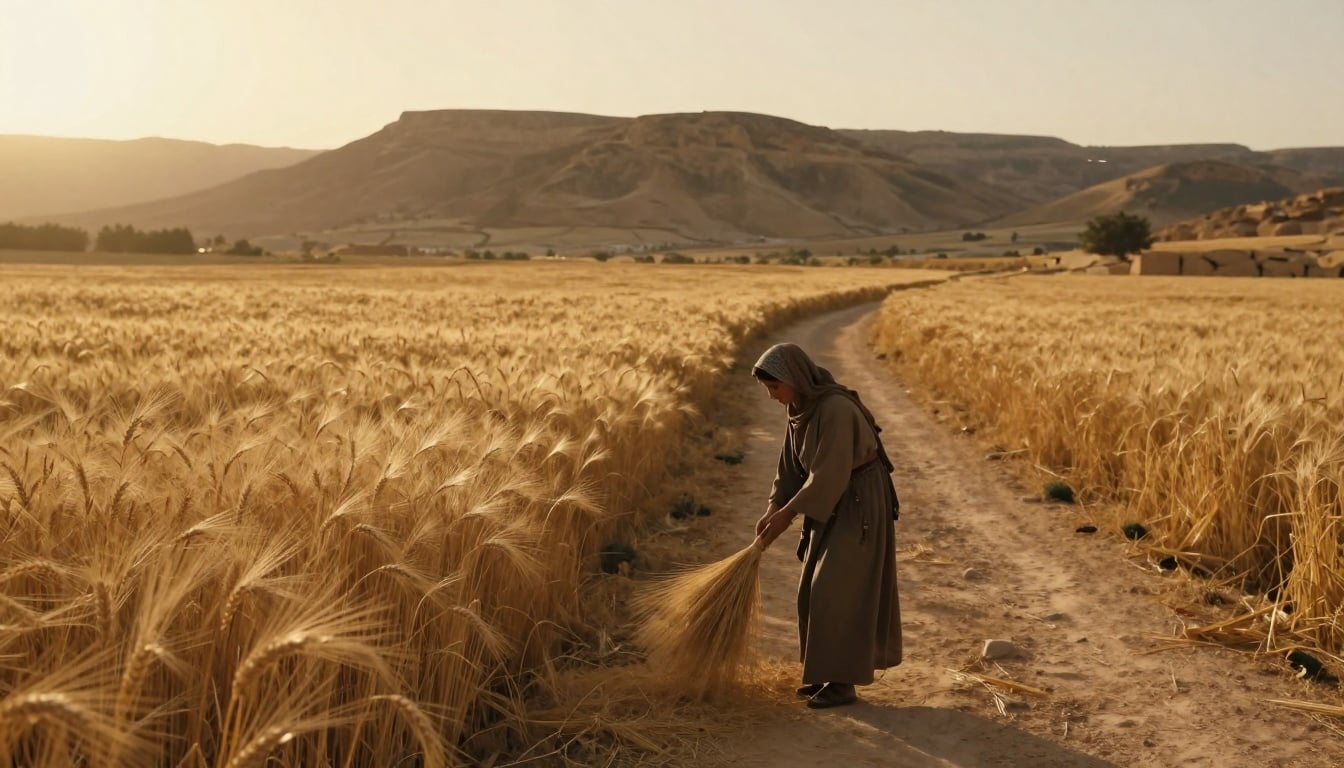 Where Ruth Was Mentioned In the Bible A serene ancient landscape depicting fields near Bethlehem, symbolizing Ruth's journey of faith and redemption