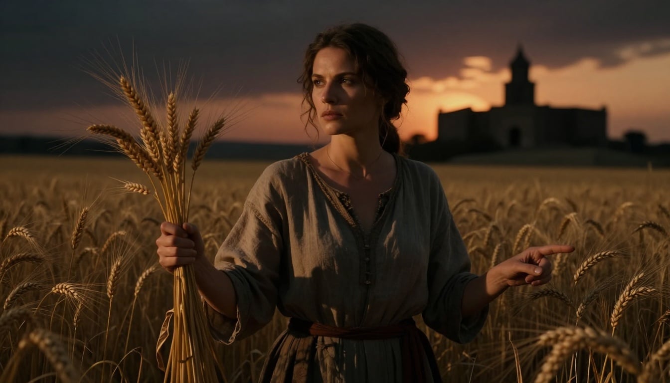 Ruth gleaning in Boaz's fields, a symbol of her deep loyalty and trust in God