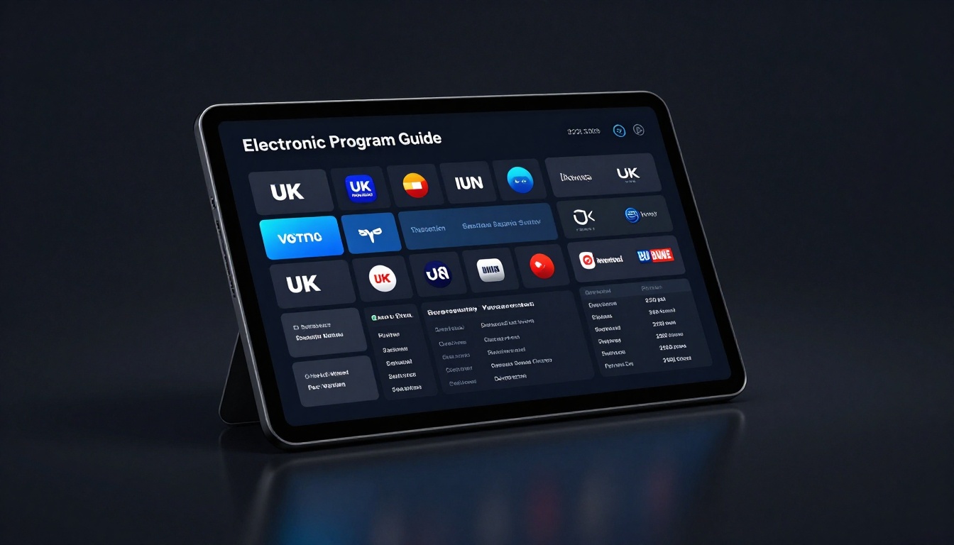 A sleek Android TV box connected to a modern UK living room setup, displaying a vibrant EPG guide with live channels