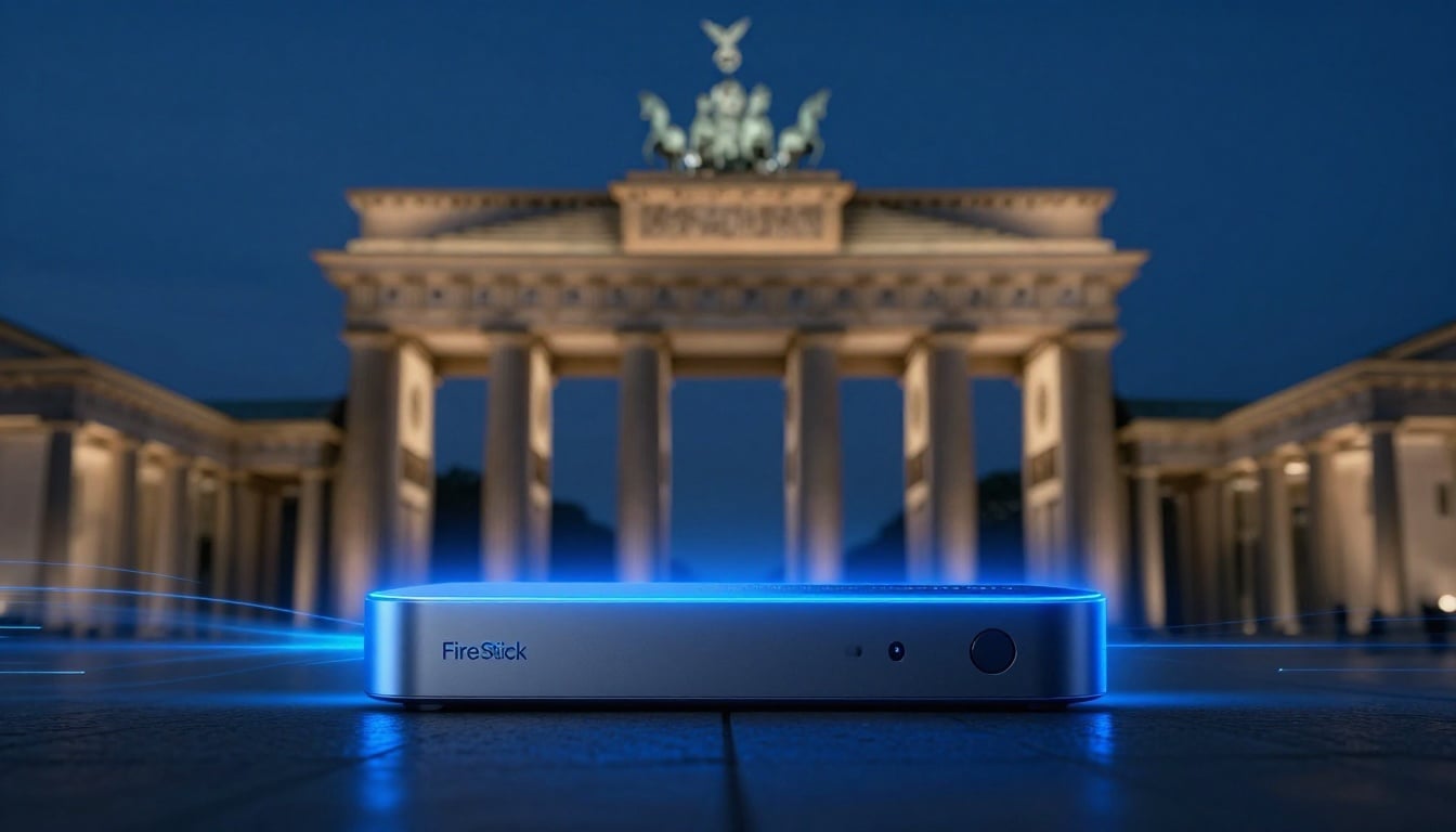 Firestick connected to TV displaying clear IPTV channels in a cozy German living room