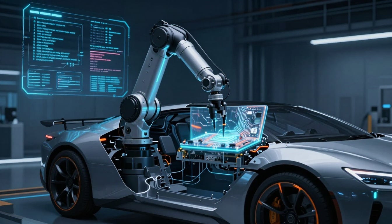 Automotive engineers collaborating on electric vehicle designs in a modern GCC R&D center